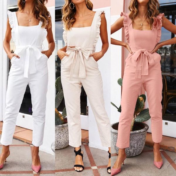 

women's jumpsuits & rompers 2021 womens romper linen shirred frill sleeves pockets jumpsuit ladies belted summer holiday combinaison fe, Black;white