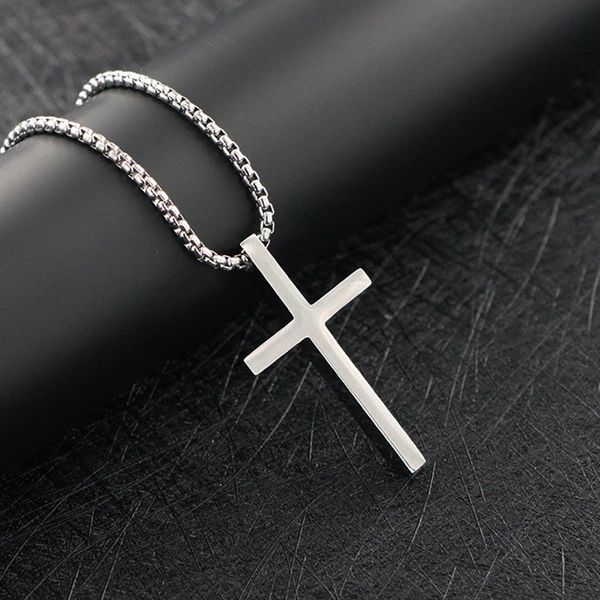 

simple fashion cross chain necklace women men luxury ladies jewelry stainless steel pendant necklaces crucifix christian ornament gifts, Silver