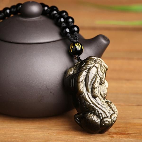 

chains obsidian dragon head pixiu pendant necklace god of wealth lucky carved stone beaded neck jewelry gift for men women bn, Silver