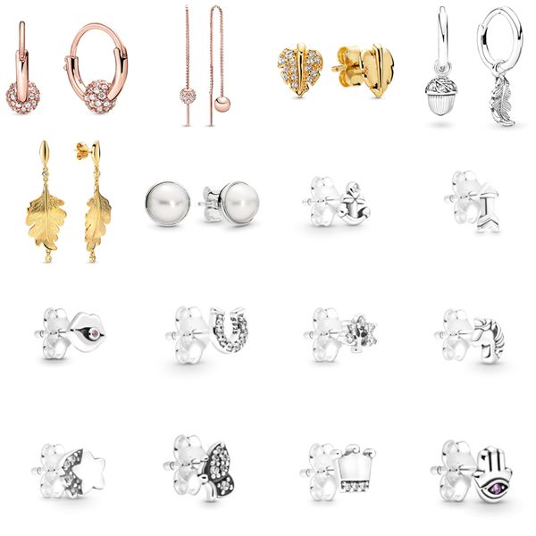 

2021 new 100% 925 sterling silver288294cz rose pave bead hoop earrings clear cz studs heart ear charm pandora beads fit original, Golden;silver