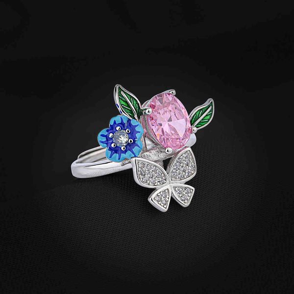 

ring s925 sterling silver creative design sense net red butterfly female ins wind enamel flower