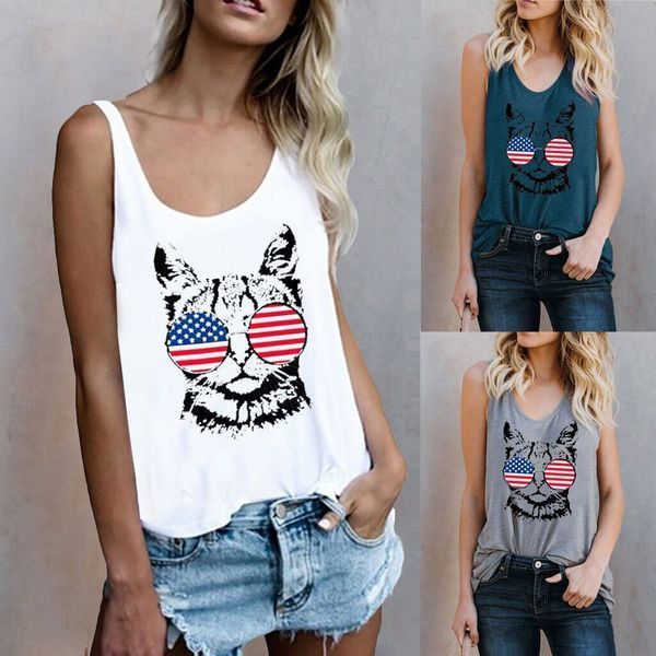 

fashion t-shirts summer women's flag cat printed sleeveless vest, White