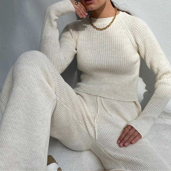 

women solid knitt sweater sets casual o neck and drawstring wide leg pant suit autumn winter long sleeve homewear loose outfits 210930, White
