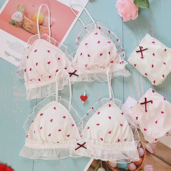 

bras sets sweet women's cute peach hearts mesh embroidery ruffles underwear set lolita girls bra & brief bow no rims bra+panties, Red;black