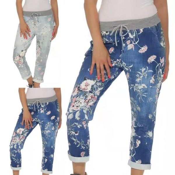 

women's pants & capris cool denim soft women jeans flower print skinny side pockets, Black;white
