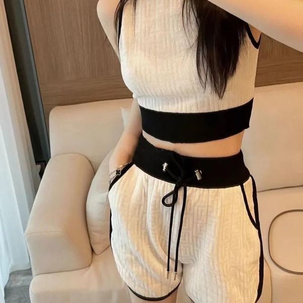 

women's tracksuits summer fashion suit two piece set with contrast edge drawstring shorts + knitted vest, Gray