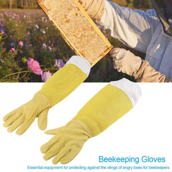

gloves beekeeping protective sleeves breathable yellow mesh white sheepskin and cloth for apiculture #yj disposable