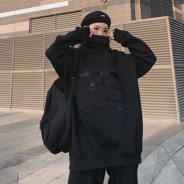

high neck fish mouth pullover japanese sweatshirts women hoodies oversize streetwear hip hop harajuku women 210601, Black