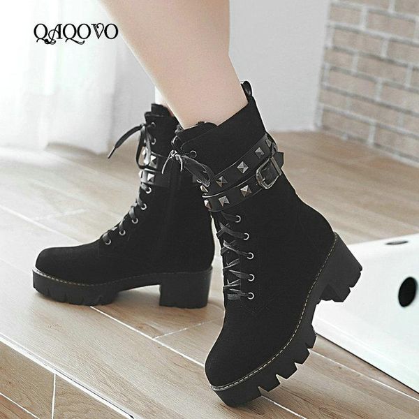 

boots fashion rivet ankle women platform square low heel lace up zipper autumn winter ladies shoes size 34-43, Black