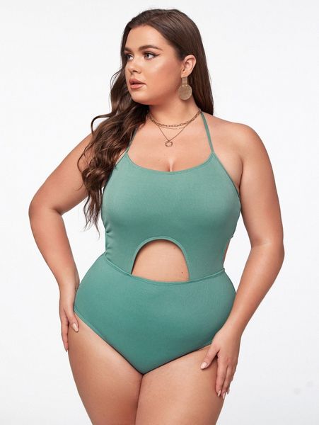 

plus ribbed cut-out one piece swimsuit z5lw#, Black