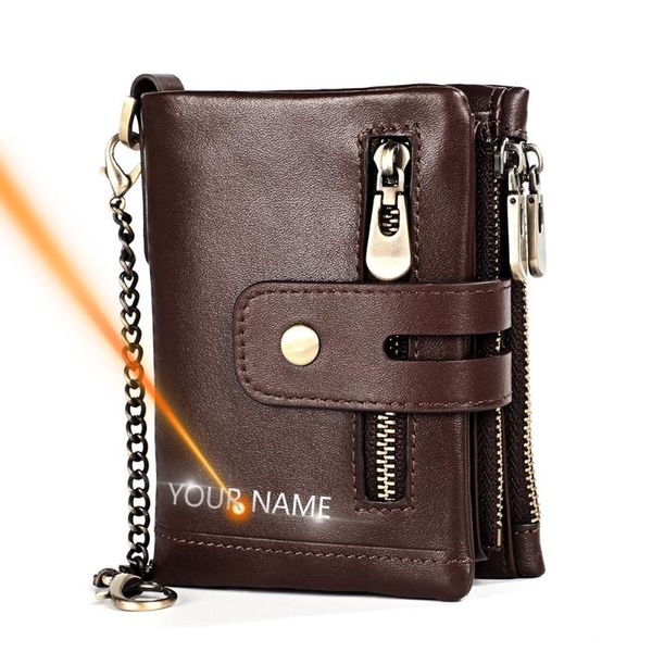 

wallets short fashion young men women wallet 2021 name engraving genuine cow leather purse coin id card pocket zipper bag for, Red;black