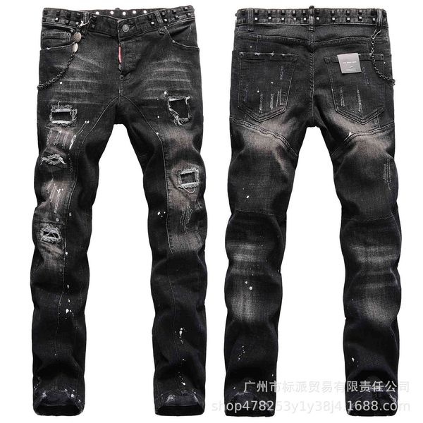 

men's pants fashion quality stitching paint hole patch rivet jeans d2, Black