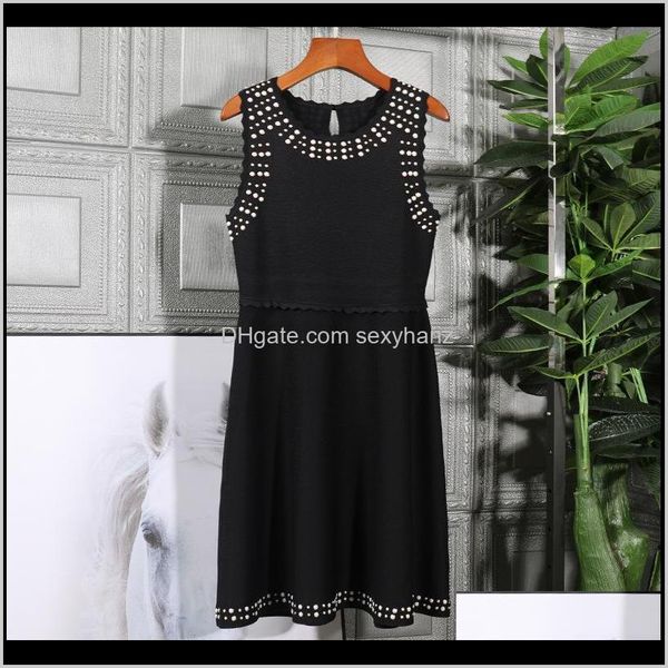 

casual womens clothing apparel drop delivery women designer pearls beading knitted sweater dress sleeveless a-line elegant pink black dresse, Black;gray