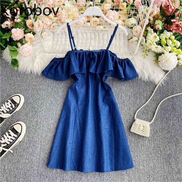 

korobov off shoulder spaghetti strap women dress korean ruffles a-line high waist female dresses summer denim vestidos 210430, Black;gray