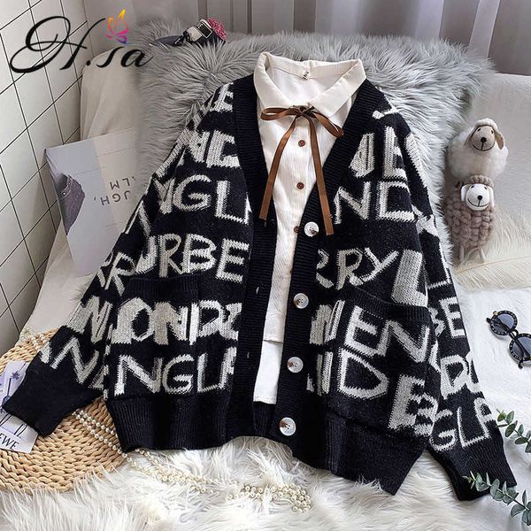 H.SA Roupas de Inverno para Mulheres Camisola de Natal e Cardigans Black White Letras impressas Jacquard Longo Jaqueta de malha 210716