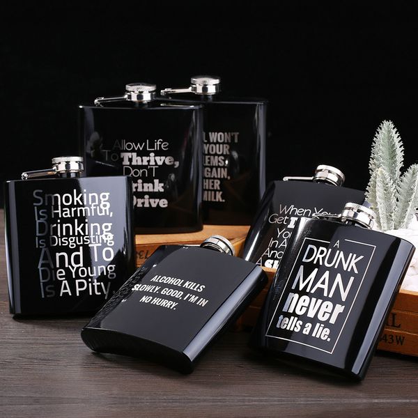 

flask flagon 6oz bright black stainless steel metal english wine bottle