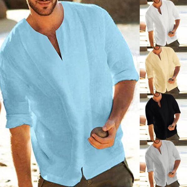 

men's t-shirts 2021 men linen shirts v-neck half sleeve shirt summer loose splicing casual short cotton, White;black