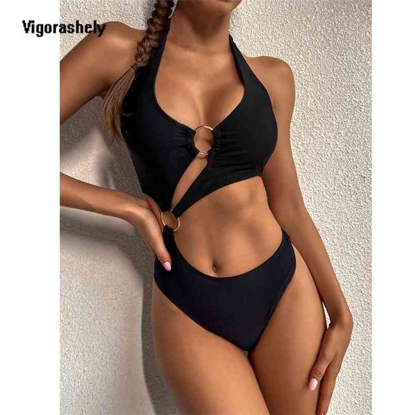 

vigorashely hollow swimsuit bandage push up swimwear women halter bathing suit high waist monokini swim wear 210630, White;black