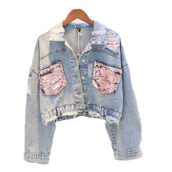 

hole jean jacket women spring short sequin denim splice autumn female spring jackets for women navel 210531, Black;brown
