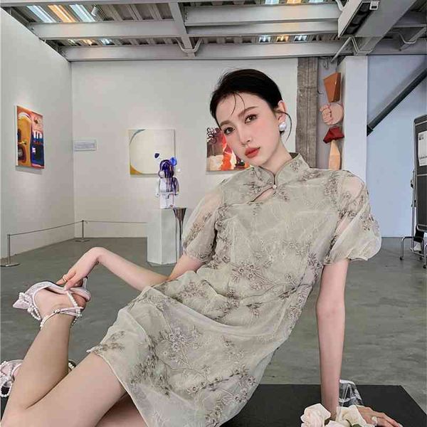 

casual dresses vintage floral embroidered sage green cheongsam short sleeve a line mini ladies tulle women summer em33, Black;gray