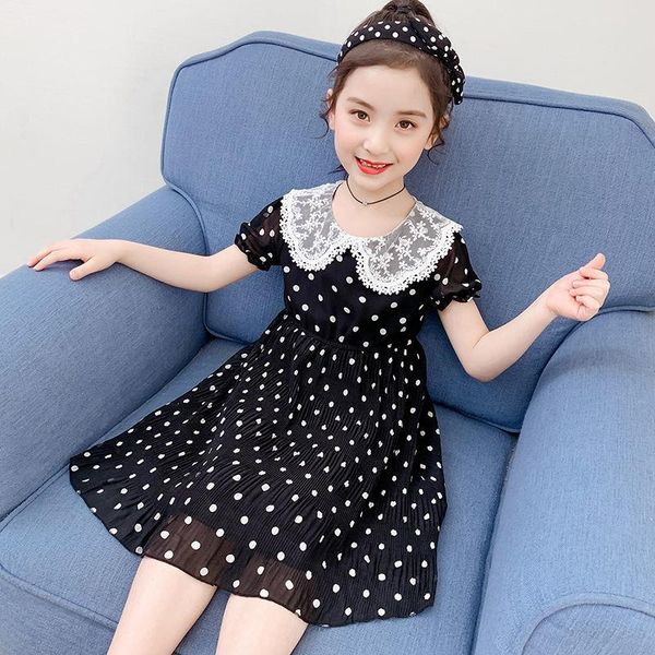 

girls chiffon dress summer doll collar dot childrens clothing flare sleeve princess dresses kids clothes 2 to 12 girl's, Red;yellow