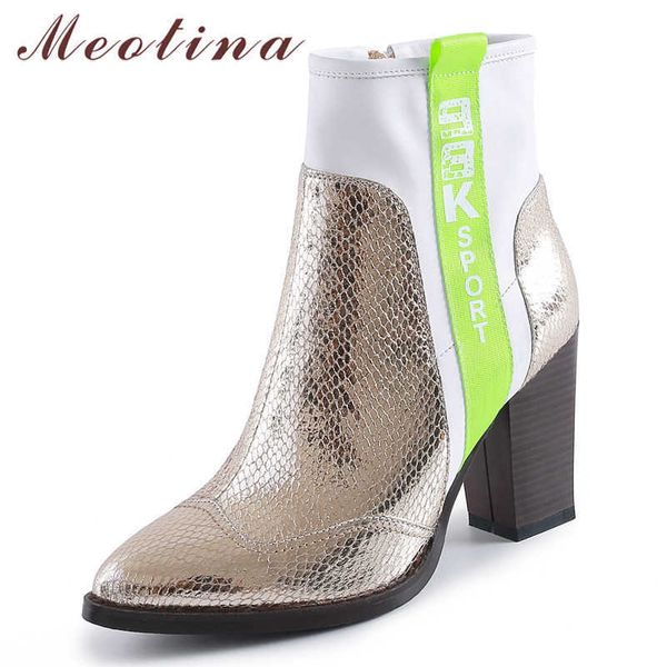 

meotina autumn ankle boots women snake print chunky heels short boots mixed colors super high heel shoes female gold size 34-39 210608, Black