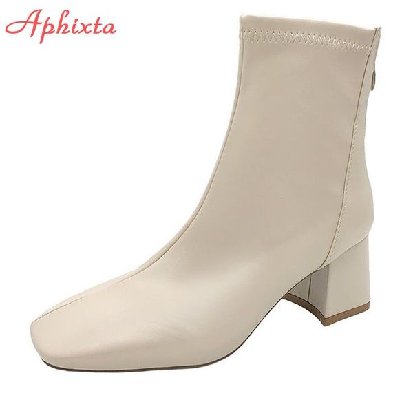 

boots aphixta 2021 autumn 6cm square heel sock women leather back zip casual fashion official toe lady footwear, Black