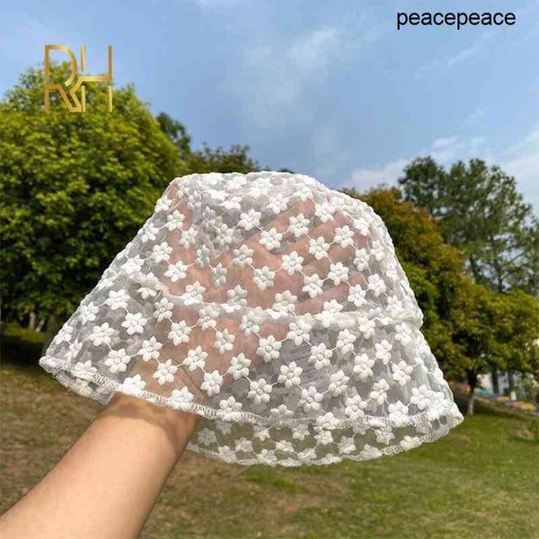 

female hollow lace mesh flower vintage bucket capes summer japan korea breathable thin sunshade fisherman hat wide brim hats, Blue;gray