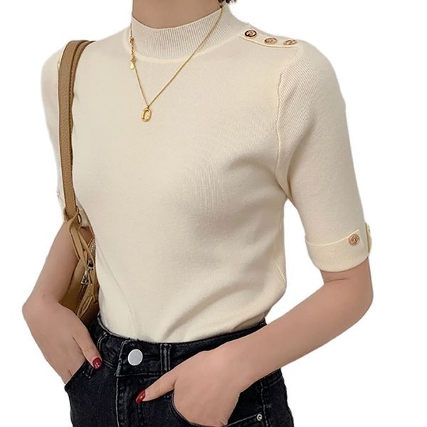 

women's t-shirt turtleneck woman tshirts 202i summer knitted t women korean fashion button tee half sleeve clothes poleras mu, White