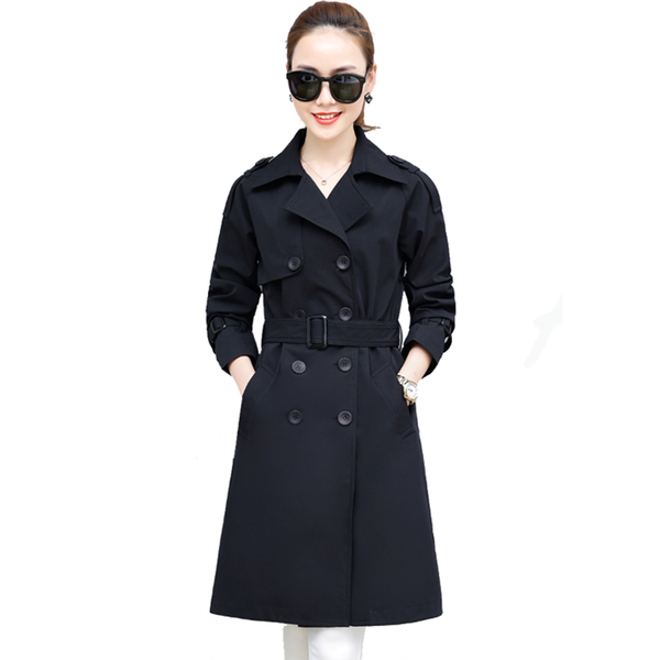 

women's trench coats plus size autumn coat medium long spring fashion casual double-breasted windbreaker overcoat, Tan;black