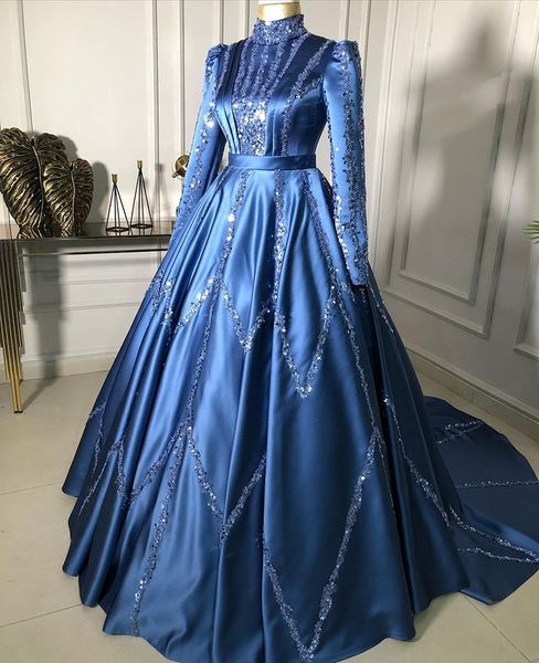 

2022 plus size arabic aso ebi blue luxurious muslim prom dresses sequins satin evening formal party second reception gowns dress zj327, Black