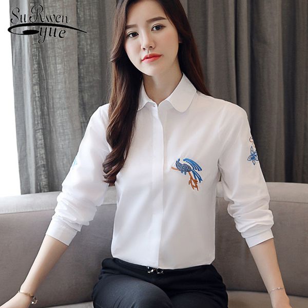 

women blouse embroidery long sleeve withe womens and office lady shirt cotton fashion feminine clothing 1782 50 210521, White