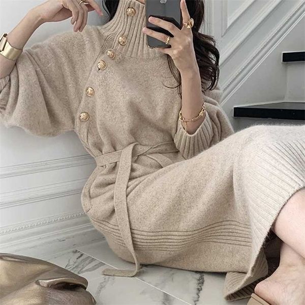 

winter turtleneck button loose knitted long dress elegant lady belted sweater e casual sleeve warm party 211220, Black;gray
