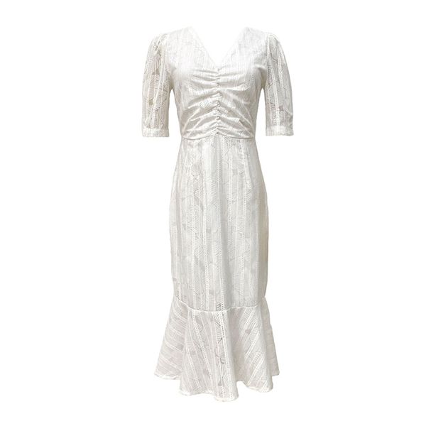 

white lace v neck half sleeve mermaid trumpet knee length dress vintage summer d1926 210514, Black;gray
