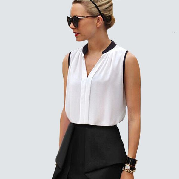 

blouses short casual chiffon shirt sleeveless asymmetric bottom feminine patchwork summer blouses for women b200, White