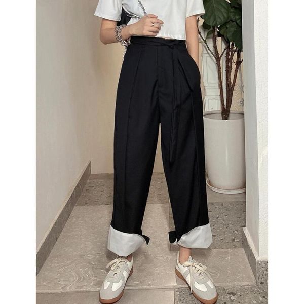 

women's pants & capris 2021 summer high waisted casual show thin curled hem chic style suit pant trousers, Black;white