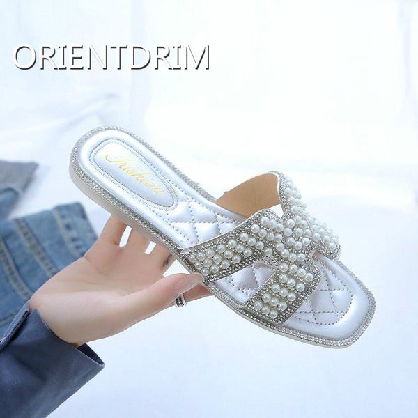 

slippers silver string bead women pearl fashion flat open toe sandals woman shoe designer luxury 2021 summer, Black