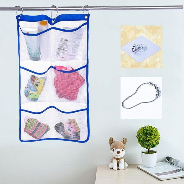 

portable 6 pocket bathroom shower bath hooks hanging mesh organizer caddy storage bag accessories toy #lr2 boxes & bins