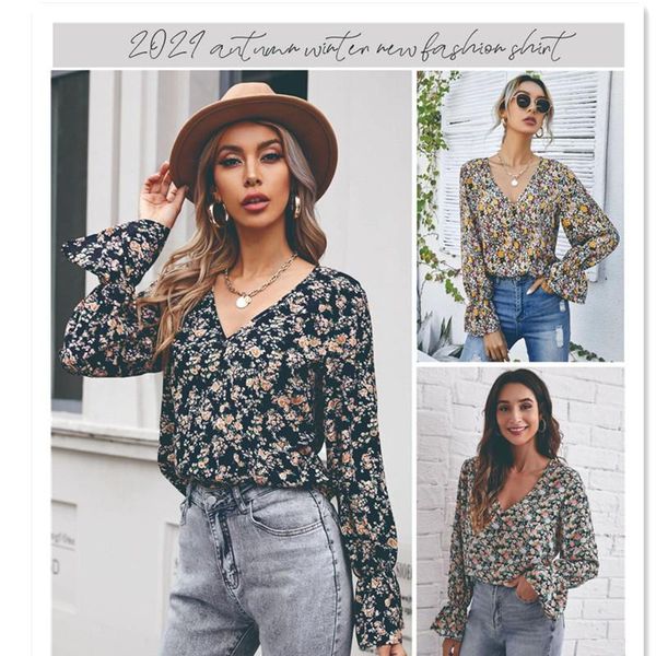 

women's blouses & shirts floral print elegant v-neck autumn ladies blouse butterfly long sleeve loose casual vintage office lady pullov, White