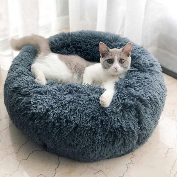 

cat beds & furniture round plush bed pet house soft fluffy long mat dog for small dogs cats nest winter warm sleeping
