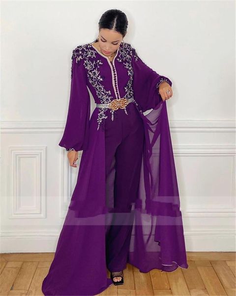 Marroquino Caftan Macacão Roxo Rendas Chiffon Chiffon Jumpsuit Vestidos de Manga Longa Árabe Dubai Kaftan Prom Vestido com Pant Suit