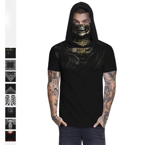 

fashion mens summer slim digital print skull short sleeve t-shirt casual shirt clothes hooded muscle tee men's t-shirts, White;black