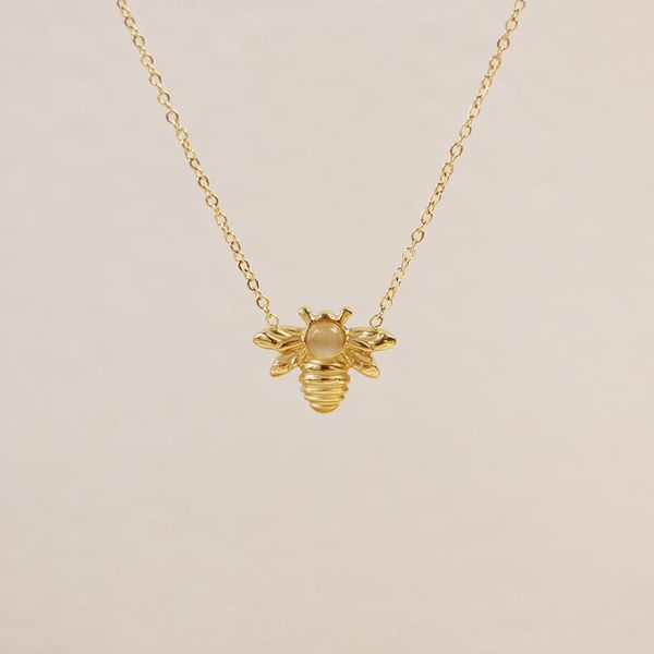 

chains vintage stainless steel 18k gold plated velvet opal casting bee pendant necklace for women jewelry gift, Silver