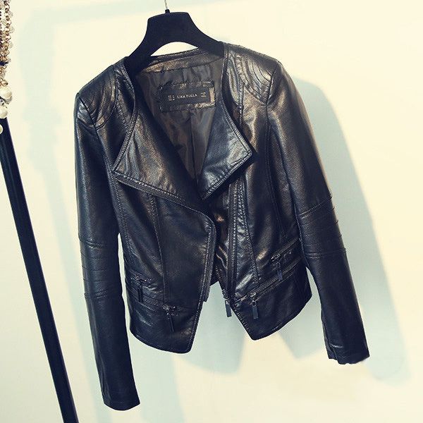 

women's leather & faux fitaylor spring autumn ladies motorcycle jackets women turn-down collar zipper slim black moto biker jacket