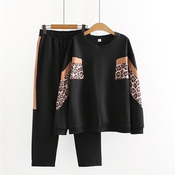 

plus size tracksuits xl-4xl women's cute printed autumn sets long sleeved sweatshirts + ankle pants sportswear suits, Black
