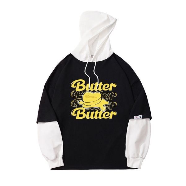 

bulletproof youth group fake two butters album peripheral support songsuit loose men's and women's hoodie, Black