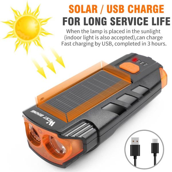 

waterproof bike horn warning lamp solar power bicycle light usb rechargeable led cycling headlight 2000mah lights