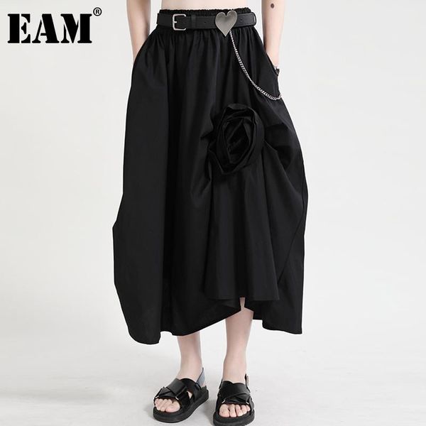 

skirts [eam] high elastic waist black appliques ruffles loose striped half-body skirt women fashion tide spring autumn 2021 1dd7164