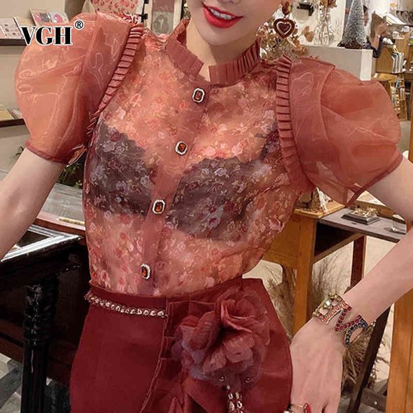 

vintage print shirt for women stand collar puff short sleeve patchwork lace slim blouses female summer fashion tide 210507, White