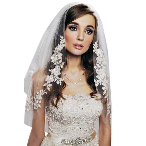

elbow length 75cm short veils two layers appliques white wedding with pearls beading bridal scarves, Blue;gray